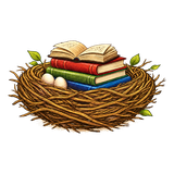 Logotipo de la Biblioteca El Nido: una pila de libros con un libro abierto sobre un nido de ramas